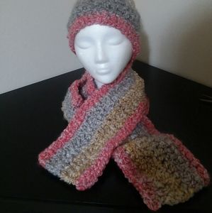 Coral, gray, beige hat and scarf